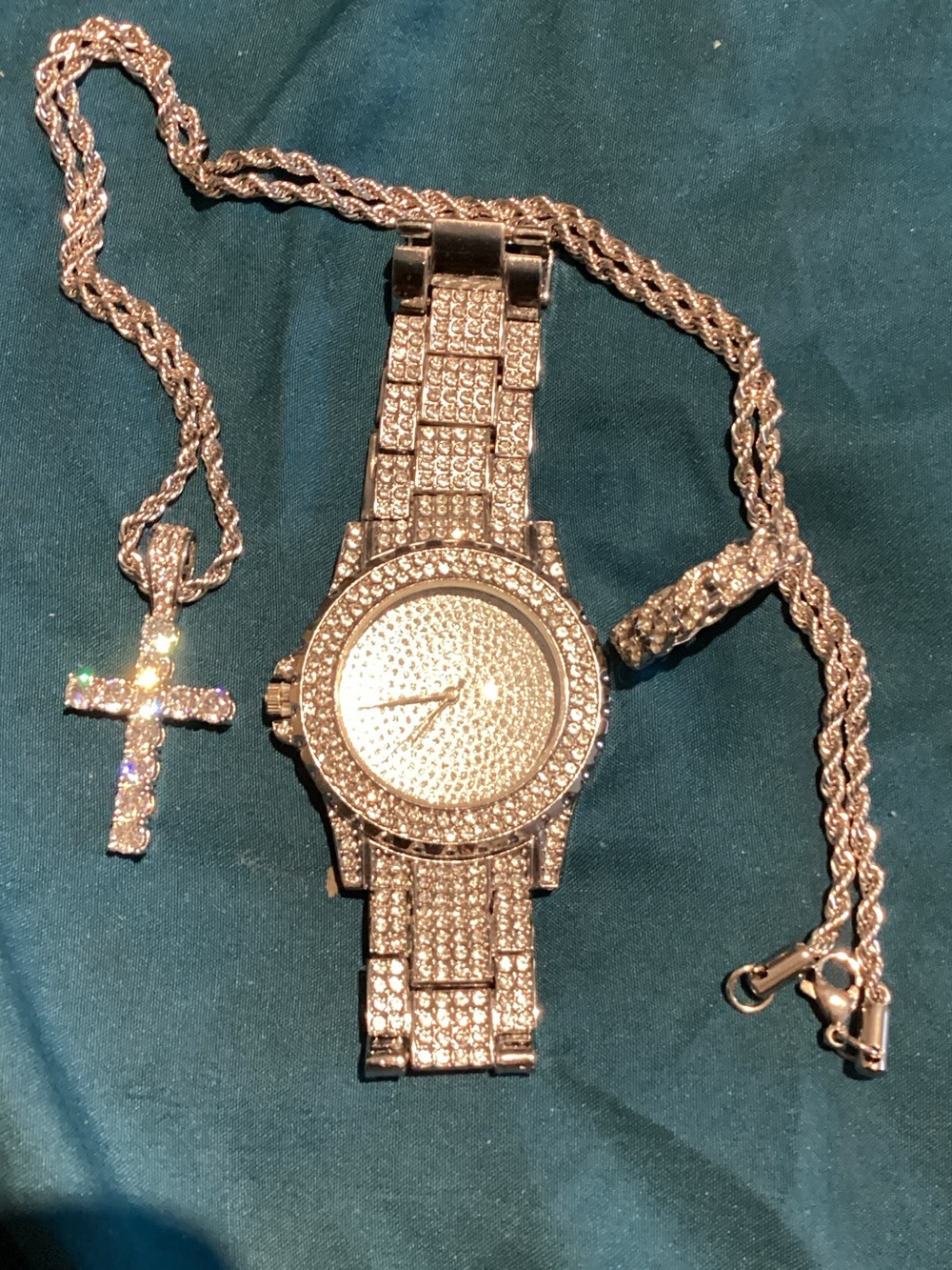 Crystal-Embellished Women's Watch with Cross Pendant necklace and size 9 Ring